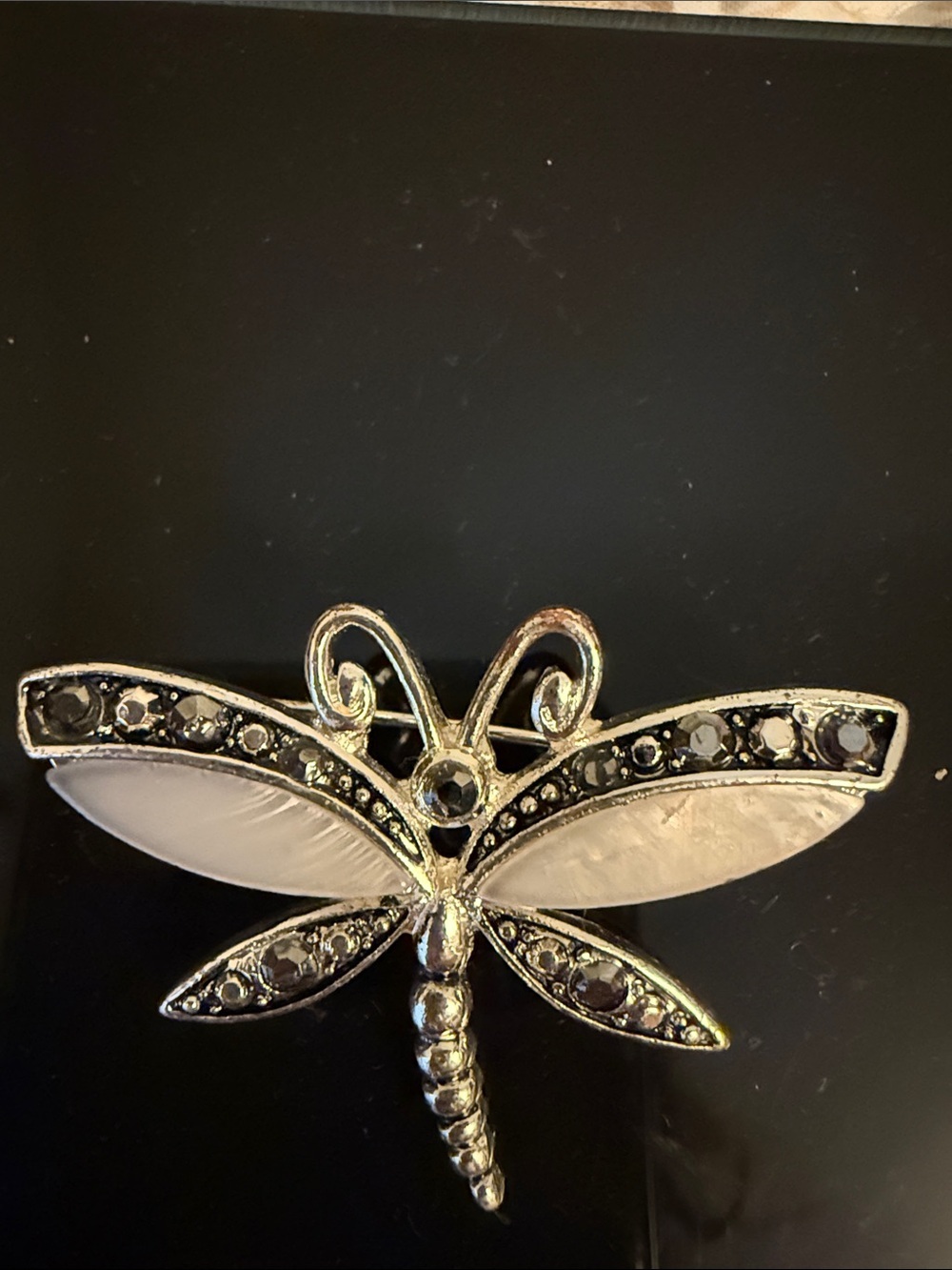Silver Dragonfly Brooch with Black Stones